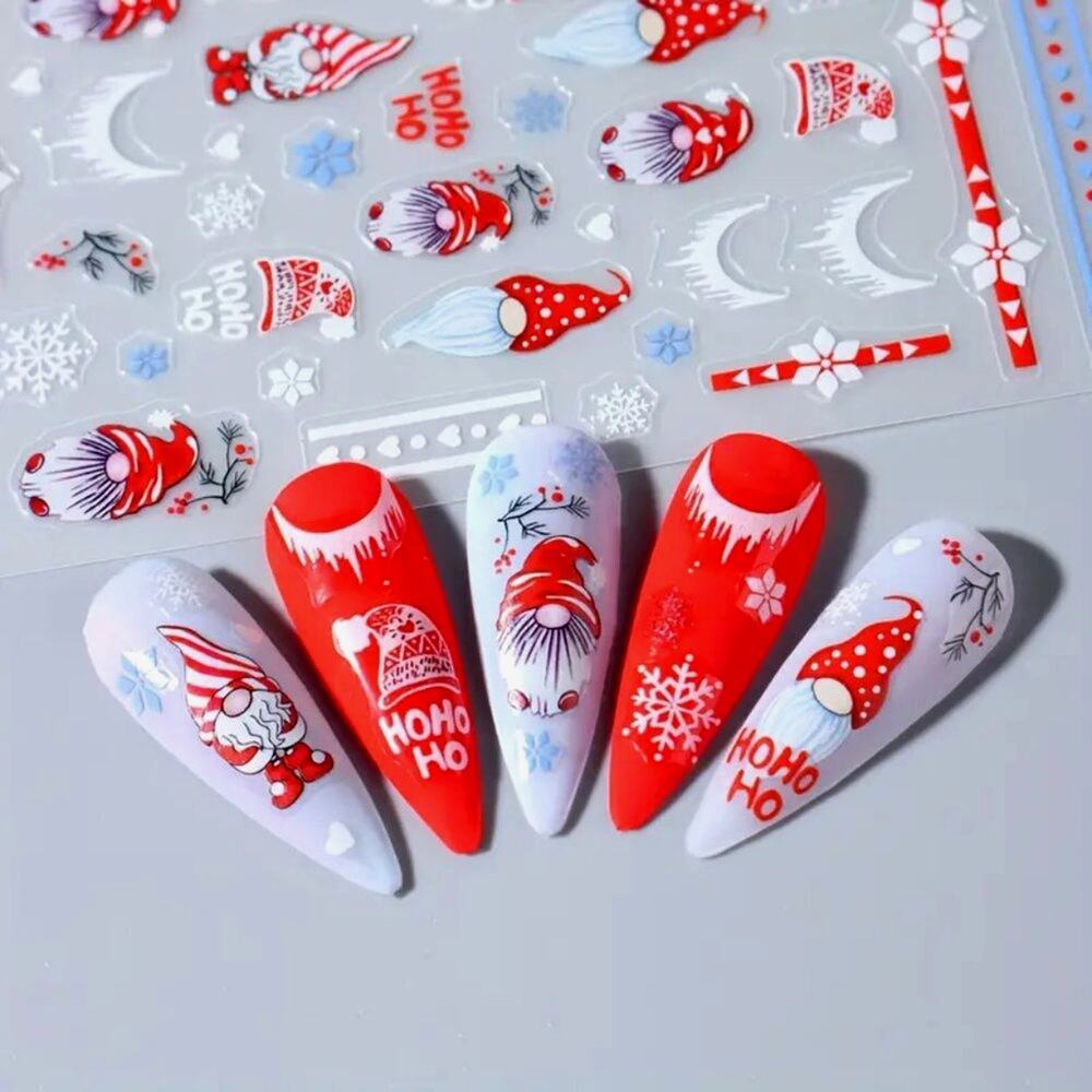 6 pc Christmas Holiday Gnomes Nail Art Stickers - Self Adhesive
